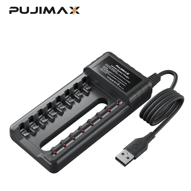 PUJIMAX 8 Slot USB Output Fast Charging Battery Charger Short Circuit Protection Suitable For AA/AAA/Nimh Rechargeable Batteries