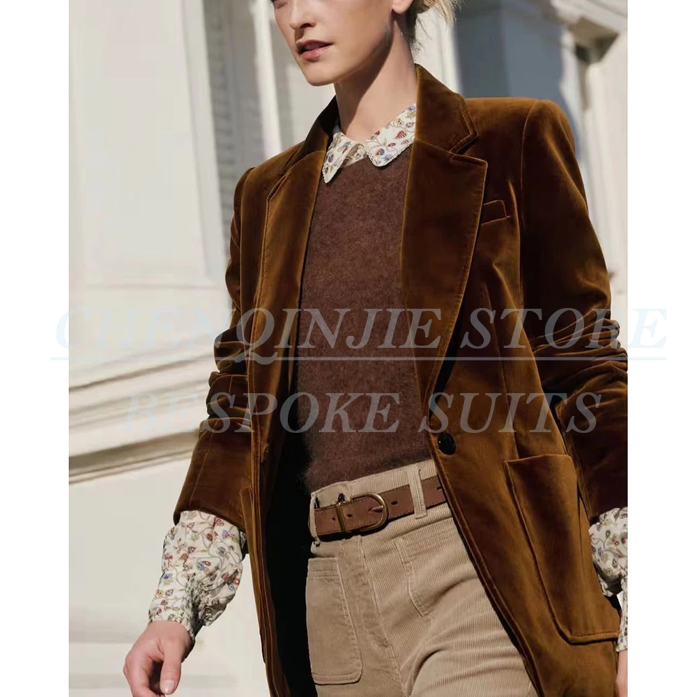 

Женские костюмы высокого качества, блейзер, элегантный однотонный однобортный однобортный пиджак с лацканами из бархата, цельный пиджак, официальная женская одежда