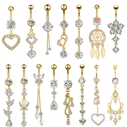 Heart Butterfly Gold Color Dangle Navel Piercing for Women Zircon Pendant Belly Button Ring 14G Stainless Steel Belly Jewelry