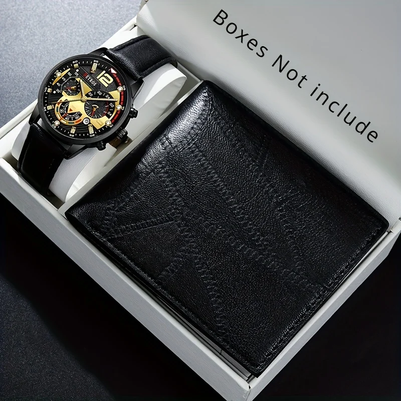 2PCS Men\'s Casual Quartz Watch and Wallet Black Round Quartz Watch With Men Business Watch Fashion Casual For Daily Sports