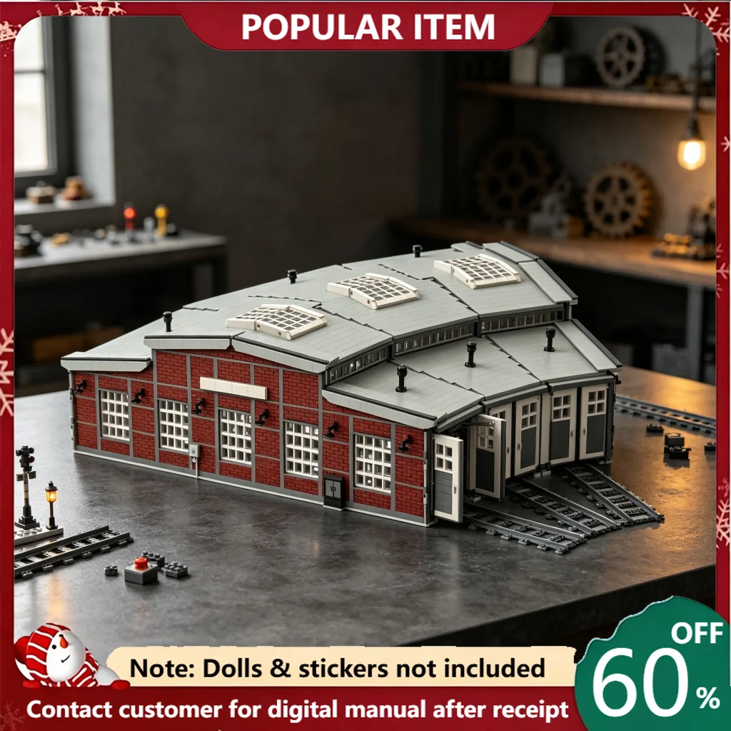 6796 PCS Vintage Locomotive Roundhouse Building Blocks Train Depot Model With Tracks And Lights Creative Assembly Display Decor
