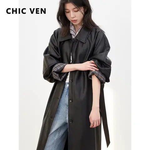 CHIC VEN Fashion Women Long PU Coat New Loose Casual Belt Faux Leather Female Overcoat Windbreaker Spring Autumn 2026 Outwear