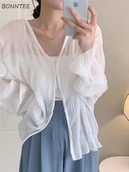 Sun Proof Shirts Women Thin See-through Summer Loose All-match Fashion Chic Breathable Folds Casual Minimalist Elegant Ladies