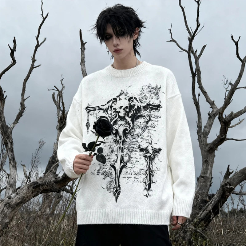 

Neutral Gothic Deep Cross Black Rose Art Printed Oversized Sweater for Men and Women Emo Punk Aesthetic Streetwear Knitted Jumpe