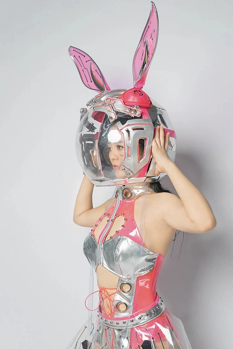 Fluorescent Pink Rabbit Astronaut Cosplay GoGo Dance Costumes Singer Cyberpunk Futurism Rave Outfit Bar Music Festival Cloth