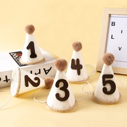 1pc Baby First Birthday Party Hat With fur ball Kids 1st Birthday Party Decor Baby Boy Girl 1 2 3 4 5 Year Old Crown Photo Props