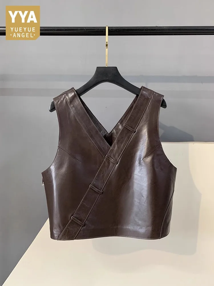 Womens Autumn Spring Retro Genuine Leather Vest V-Neck Tank Tops Office Lady Short Sleeveless Side Zippers Waistcoat Outerwear