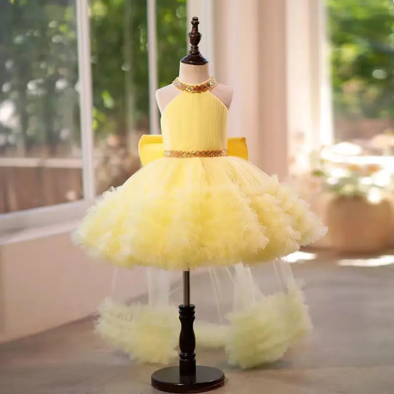 Jill Wish J342 Elegant White Tulle Girl Dress with Train Baby Kids Princess Birthday Wedding Party Children Holiday Ball Gown