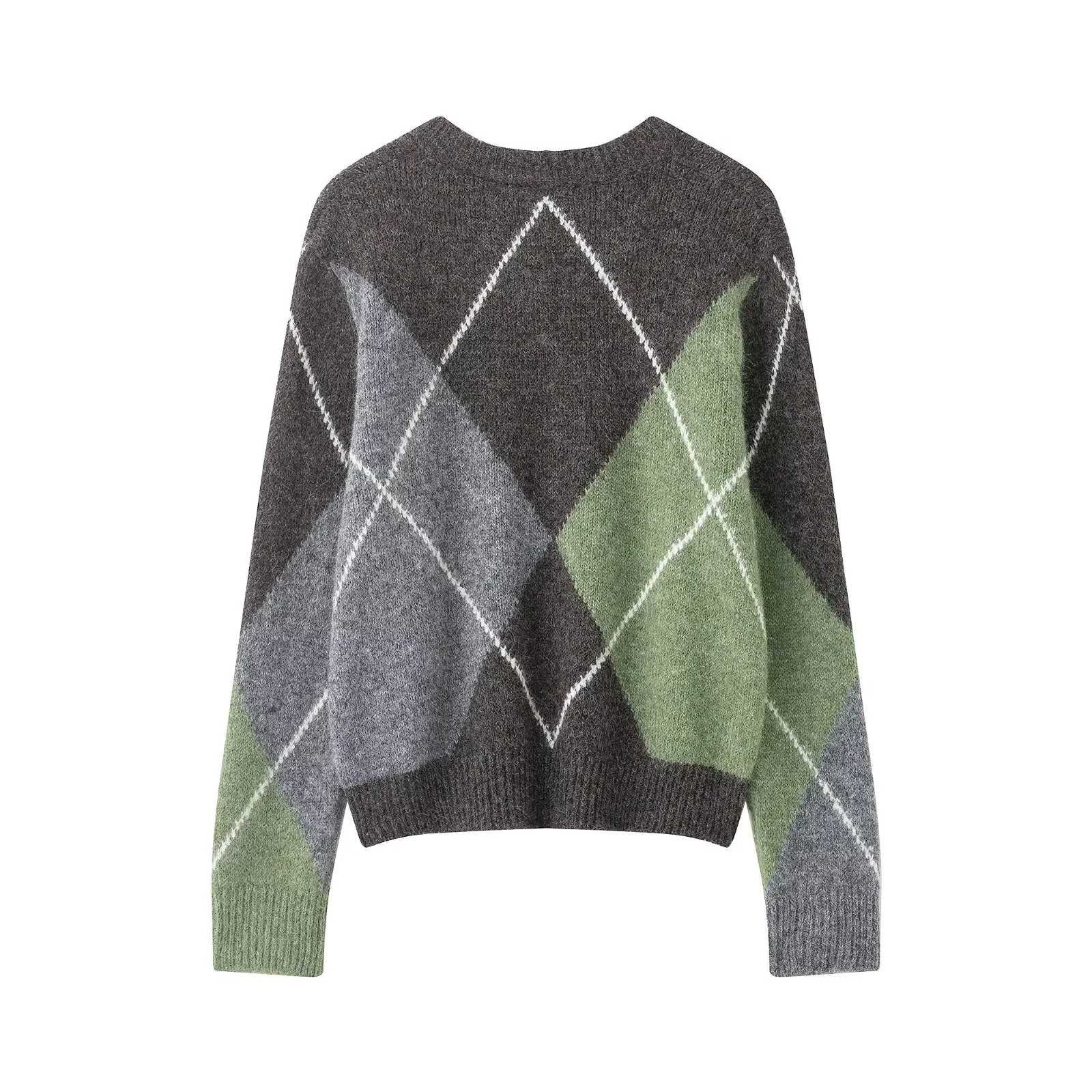 เสื้อสเวตเตอร์ไหมพรมลายเพชร คอวี แขนยาว สไตล์ลำลองหวานๆ สีสันตัดกัน แฟชั่นใหม่สำหรับผู้หญิง ฤดูหนาว ปี 2025