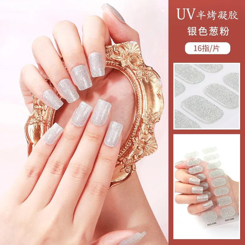 16 Strips Solid Color Scallion Powder Semi-cured Gel Nail Stickers Waterproof Gel Nail Art Stickers Full Cover UV Lamp Need