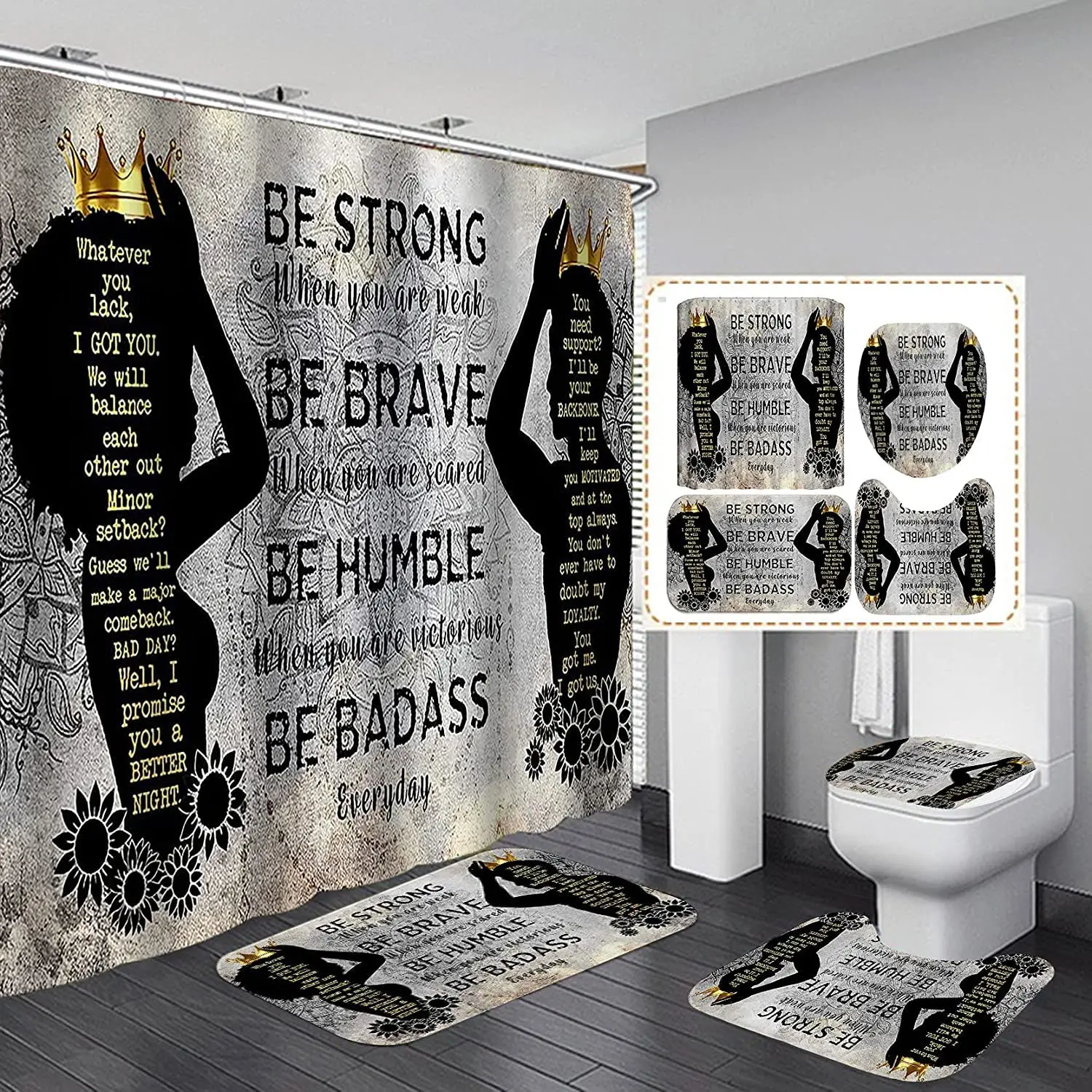 African American Woman Man Shower Curtain Set Luxury Gold Crown Bathroom Sets Afro Black Queen & King Luxury Inspirational Quote