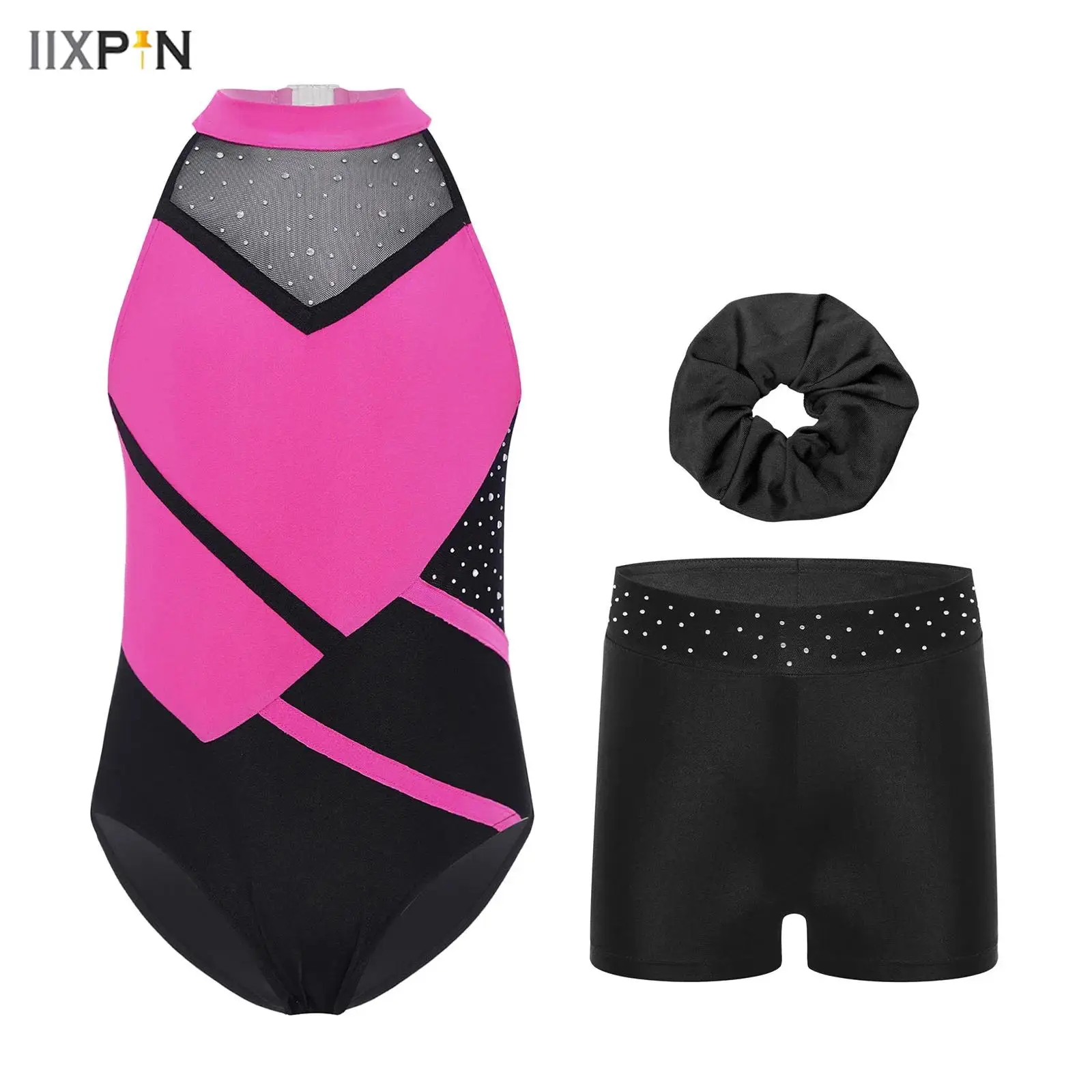 

Kids Girls Gymnastics Dance Costumes Outfit Strappy Back Color Block Glittery Rhinestones Leotard with Shorts and Hairband Set