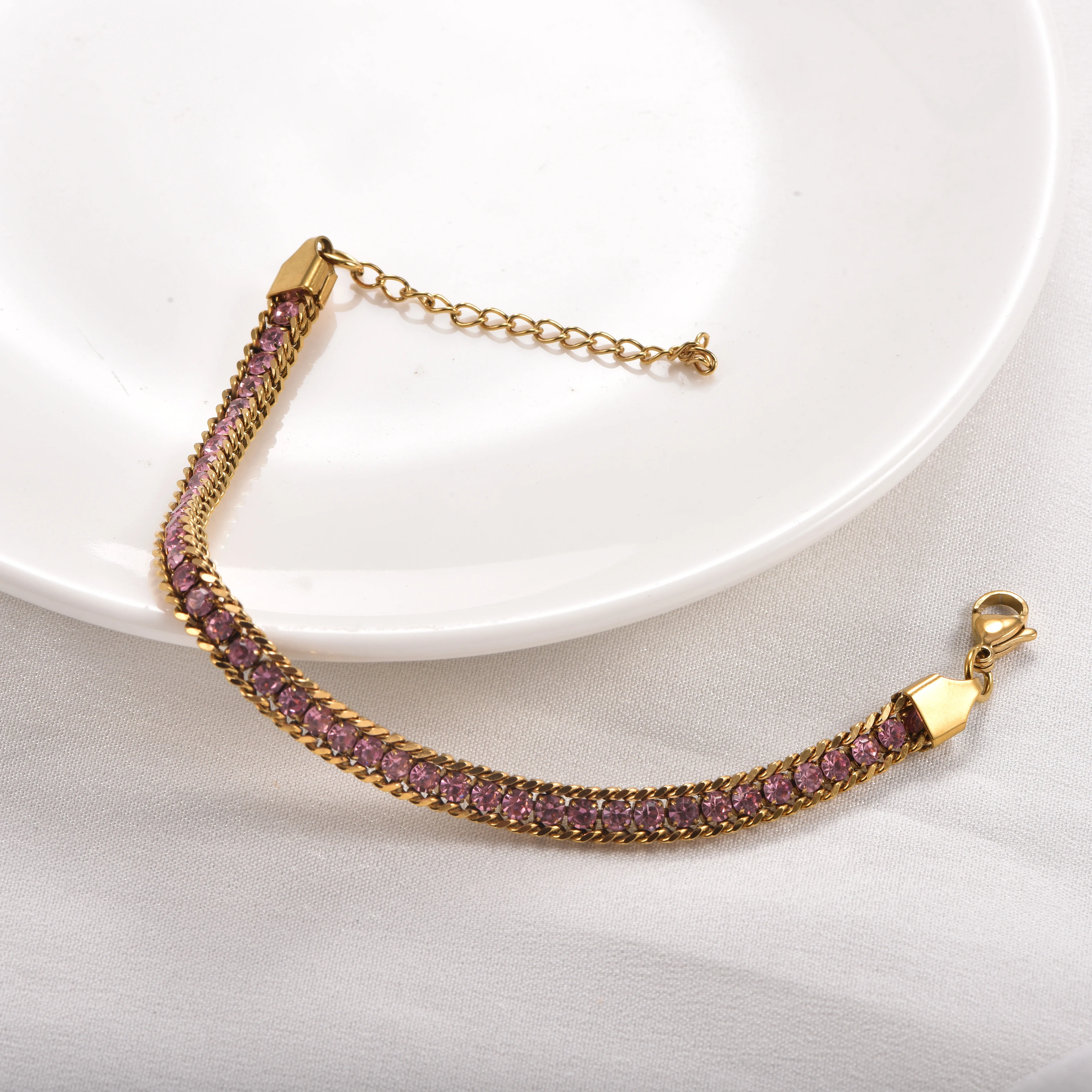 Edelstahl-Strass-Kubaner-Kettenarmband für Damen und Herren, Buntes Kristall-Verstellbares Gliederarmband, Modisches Schmuckgeschenk – Detail 5