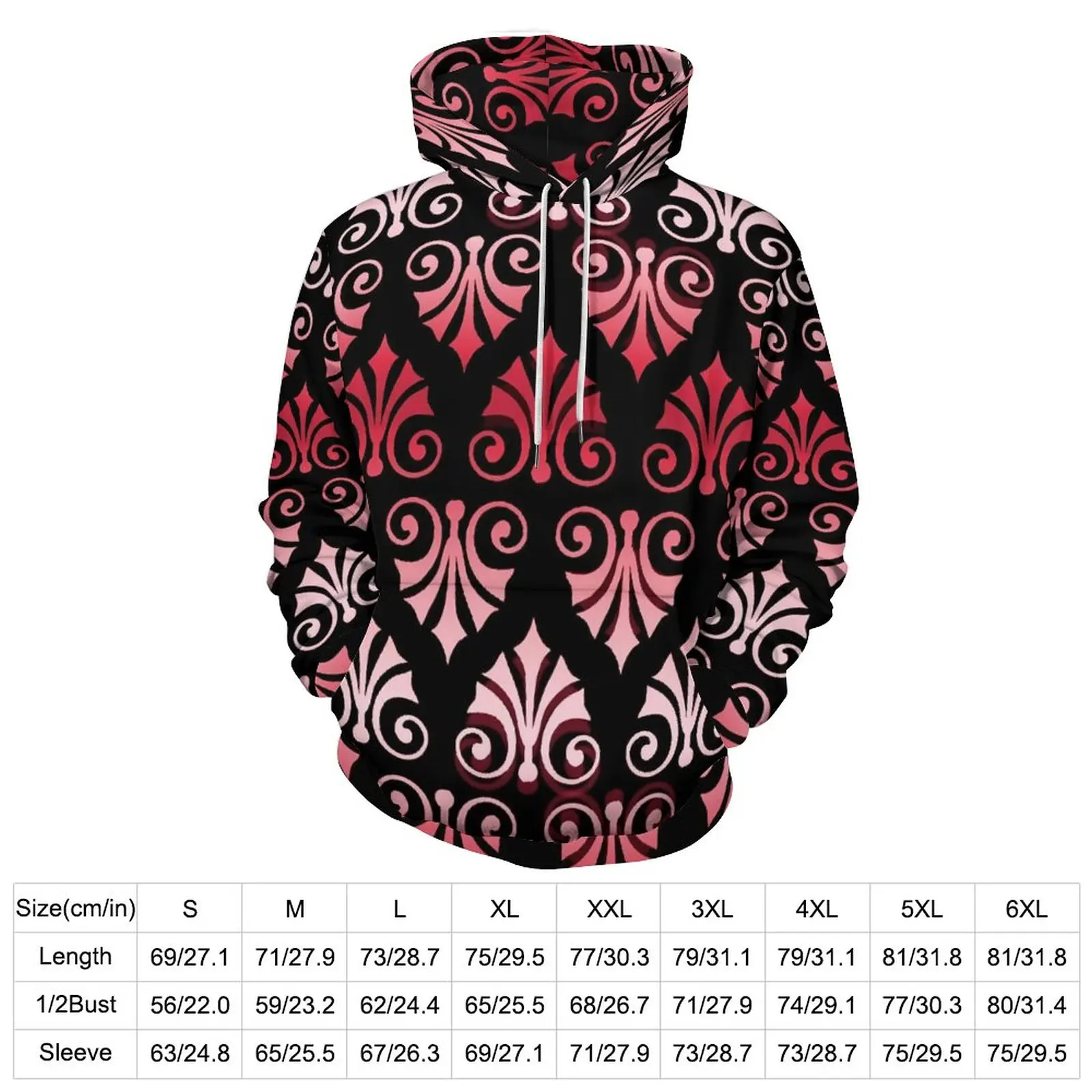 Baroque Print Hoodies Long Sleeve Pink And Black Y2k Casual Hoodie Spring Street Fashion Oversized Loose Hooded Sweatshirts