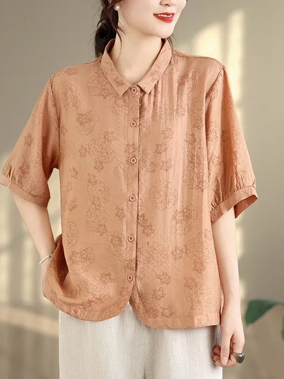 

Summer Fashionable Loose Casual Women's Shirt Large Size Short Sleeve Chiffon Button-Up Floral Print Open Cardigan Top