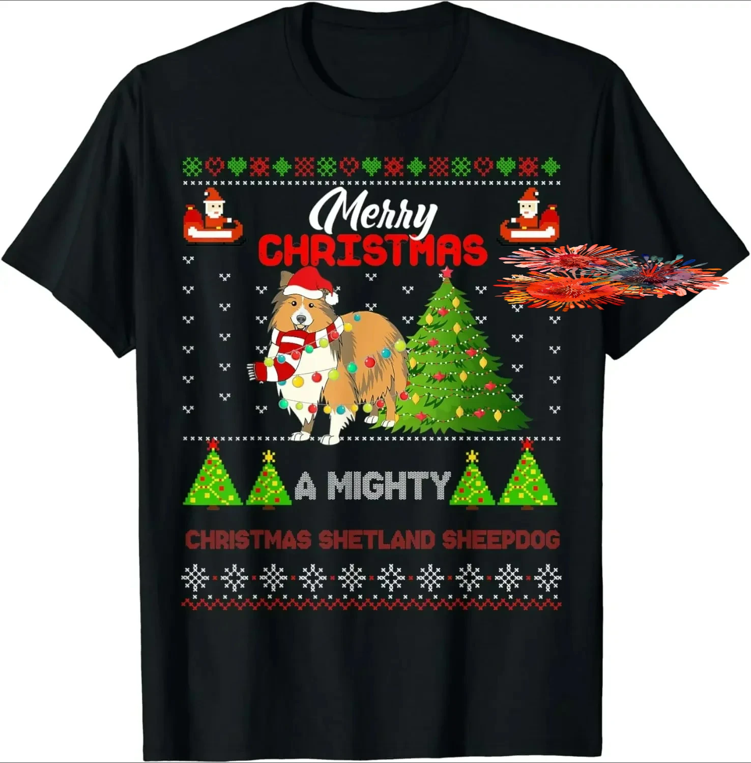 Scotland Sheepdog Dog Mighty Christmas Tree Light Xmas T-Shirt 100% Cotton O-Neck Short Sleeve Casual Mens T-shirt Size S-3XL