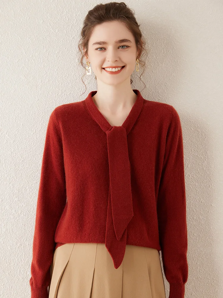 Women 100% Cashmere Sweater Ribbon V-neck Design Pullovers Autumn Winter French Retro Style Soft Knitwear Clothing Tops High-end