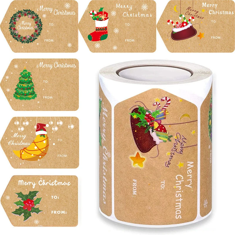 200/300Pcs Merry Christmas Santa Claus Label Stickers Kraft Paper Handwritten Label DIY Party Scrapbook Envelope Seals Sticker