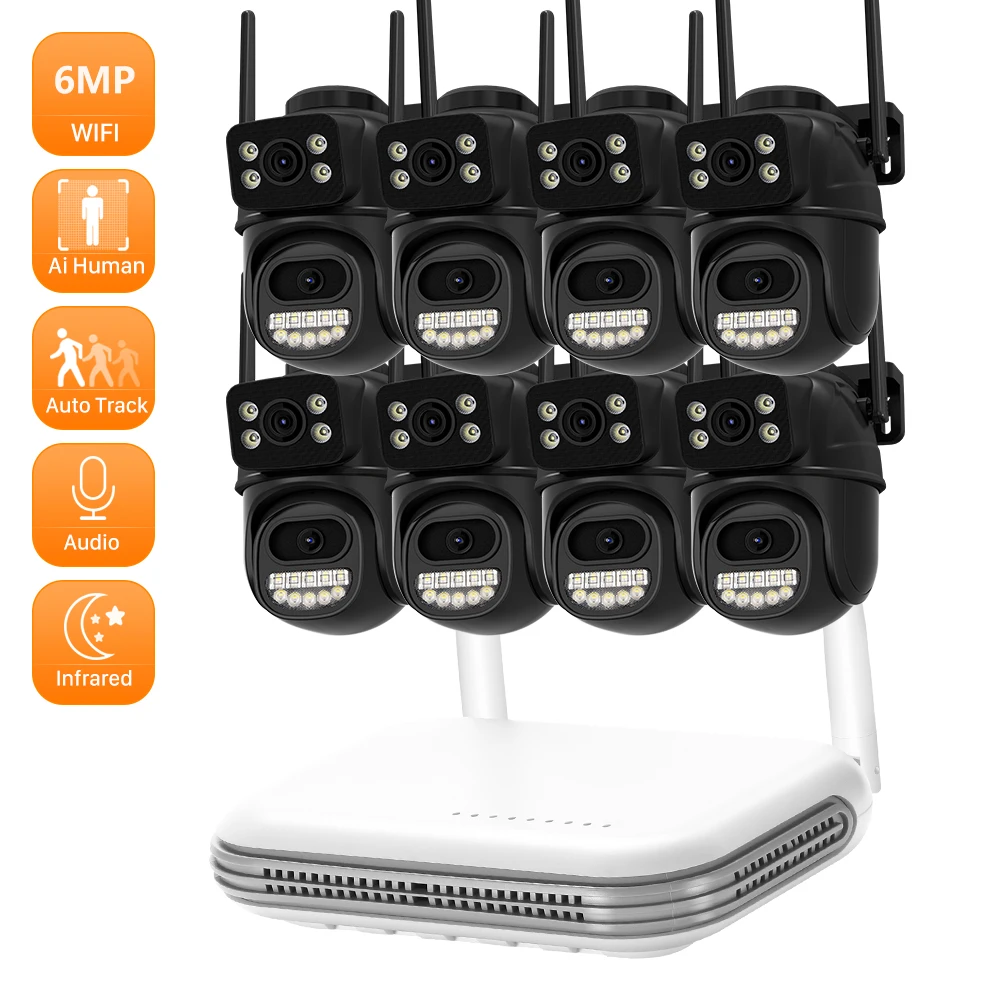 

Wireless CCTV System WiFi Camera Kit 6MP PTZ IP Cameras With Dual Lens Security Audio 8CH NVR Video Surveillance Set icsee APP