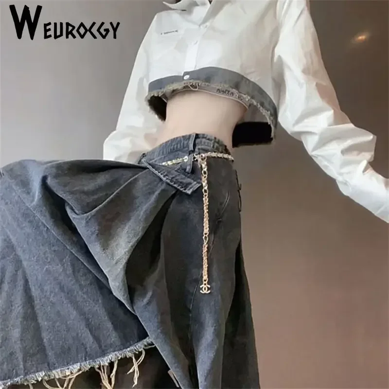 2023 Summer Korean Edition New Style Vintage Denim Woman Skirt Sexy High Waist Fashion Casual Loose A-line Half Skirt Set Trend