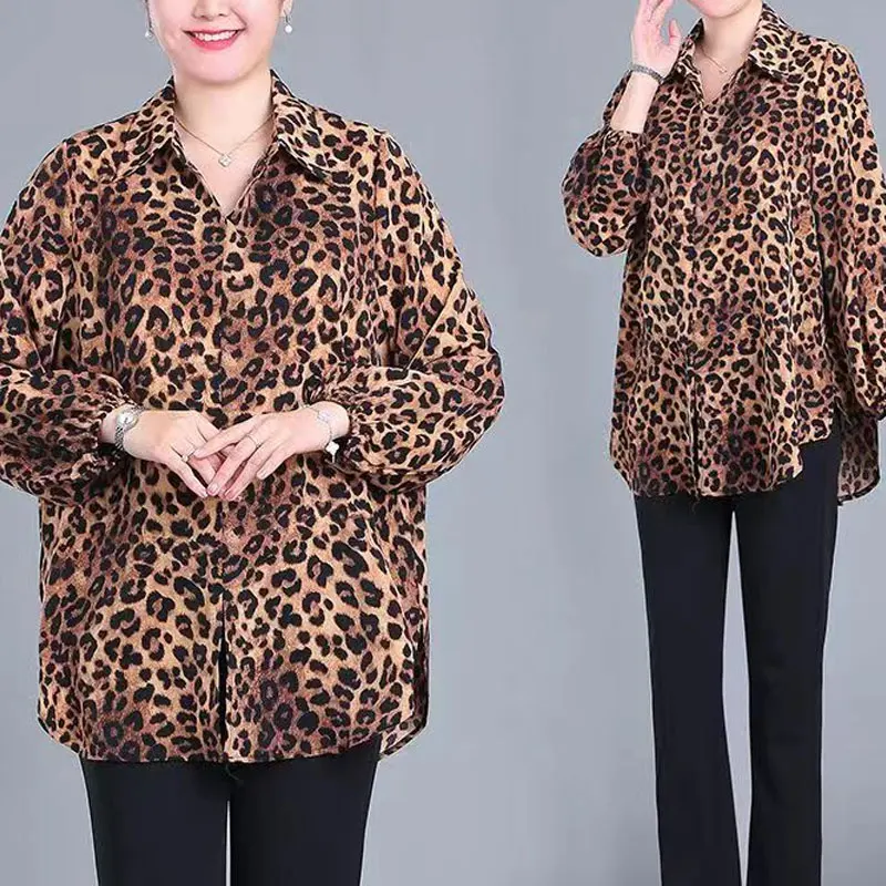 Stylish Character Printed Leopard Shirt Female Clothing Commute Single-breasted 2023 Spring Autumn Polo-Neck Casual Loose Blouse