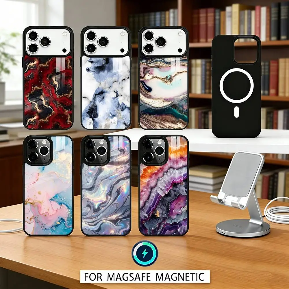 

G-Glitter Art Marble Pattern Phone Case Magnetic For iPhone17 16 15 14 13 12 Pro Max For Magsafe Wireless Charging Cover