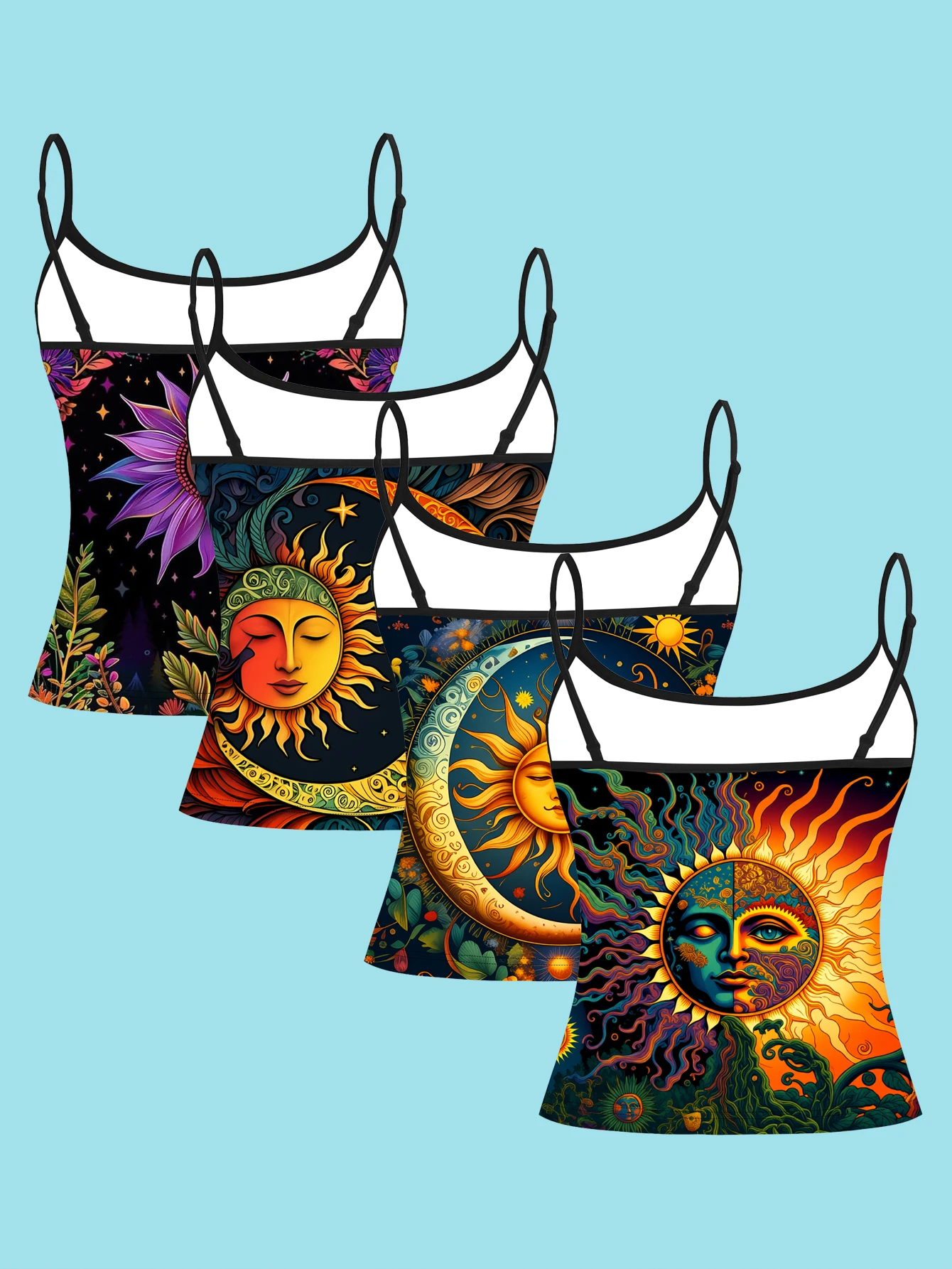 4-Piece Set of Painted Sun Face Print Camisoles, Bohemian Star and Moon Floral Plant Spaghetti Strap Sleeveless Tops, Vintage Mysterious Celestial Art Slim Fit Inner and Outer Wear Vest Set