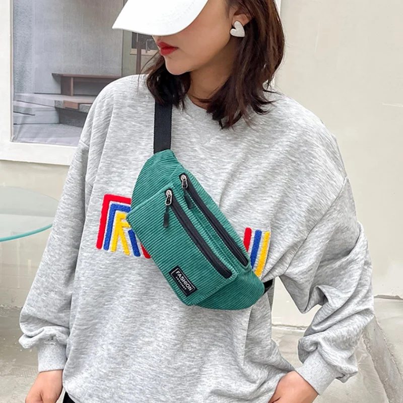 Corduroy Women\'s Waist Bag Small Canvas Ladies Casual Shoulder Crossbody Bags Fashion Fanny Pack Female Solid Color Chest Bag