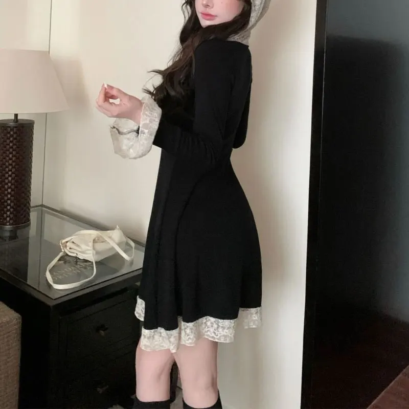 Women's Clothing Solid Color Dresses Fashionable Lace Spliced Spring Autumn French Style Hooded Aura Waist A-Line Mini Dress New