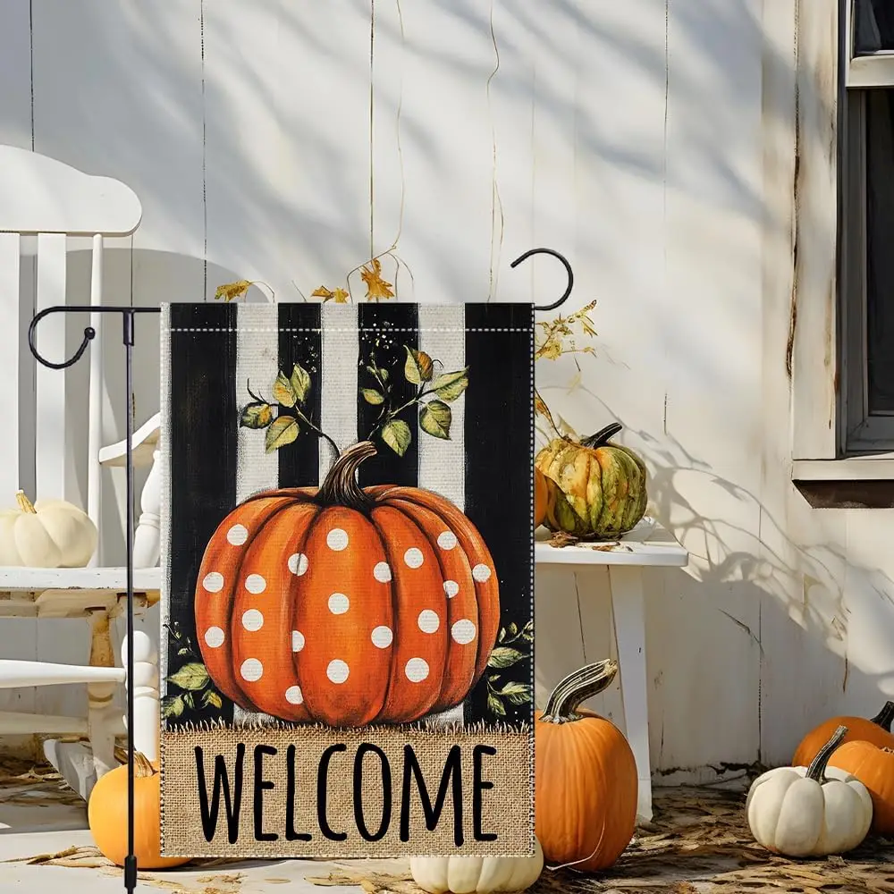 Welcome Fall Garden Flag Polka Dots Pumpkin Thanksgiving Garden Flags For Outside Burlap Decor, Double Sided Vertical Autumn LLE