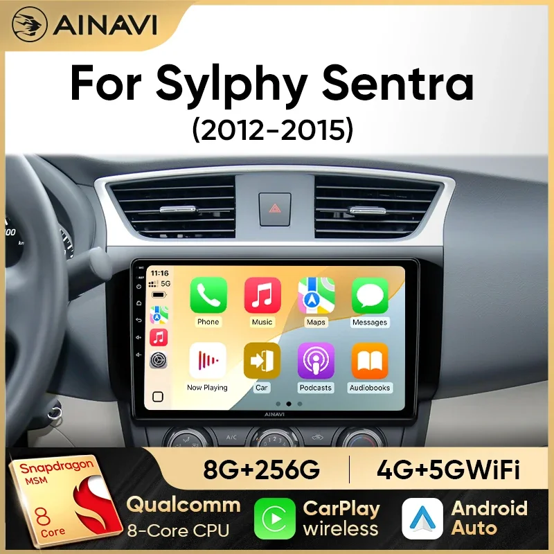 Radio de coche Ainavi para Nissan Sylphy B17 Sentra 12 2010-2020, reproductor Multimedia inalámbrico Carplay Android Auto, reproductor de vídeo estéreo DSP 2Din