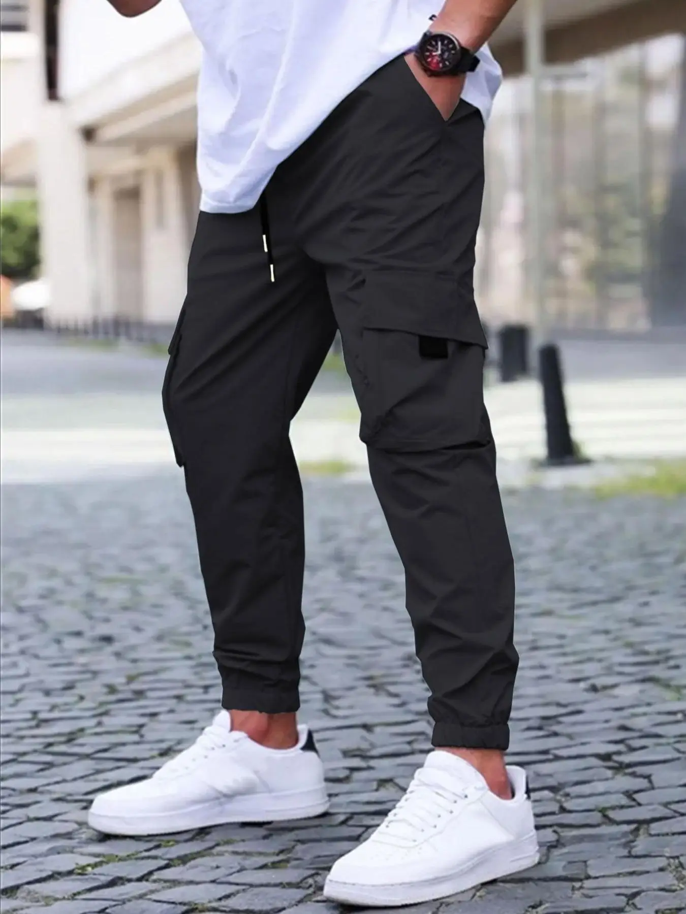 

Men's Solid Drawstring Waist Cargo Pants Regular Fit Casual Pocket Trousers for Spring & Fall Fashion Men Long Pant