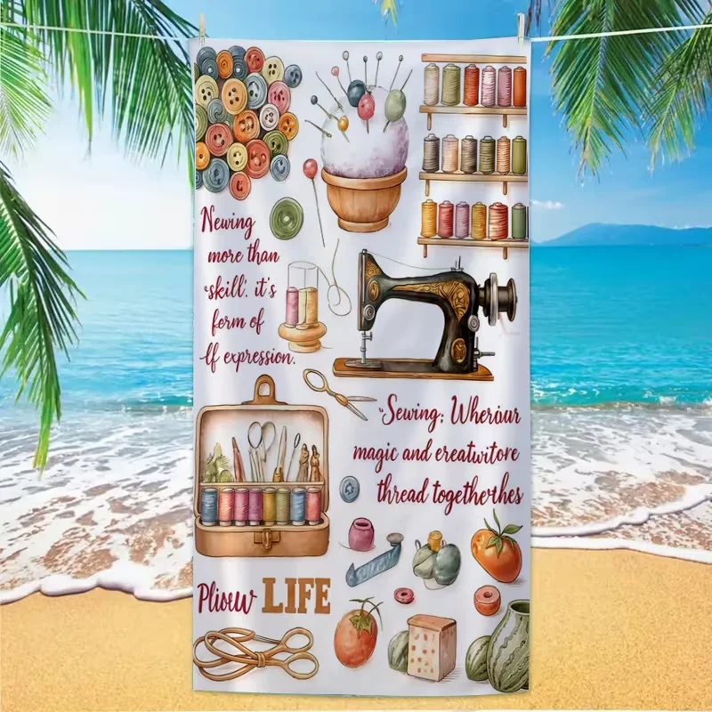 Vintage Sewing Craft Theme Beach Towel Sewing Machine Buttons Thread Print Sandproof Absorbent Towel Creative Trip Decor