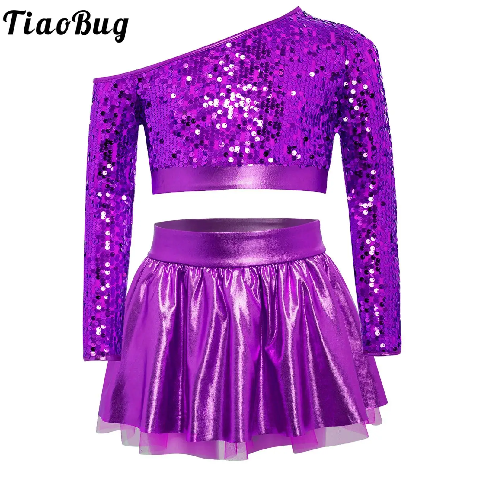 

Kids Girls Jazz Modern Tango Dance Costume Figure Skating Outfits One Shoulder Long Sleeve Sequins Top with Metallic Tutu Skirt