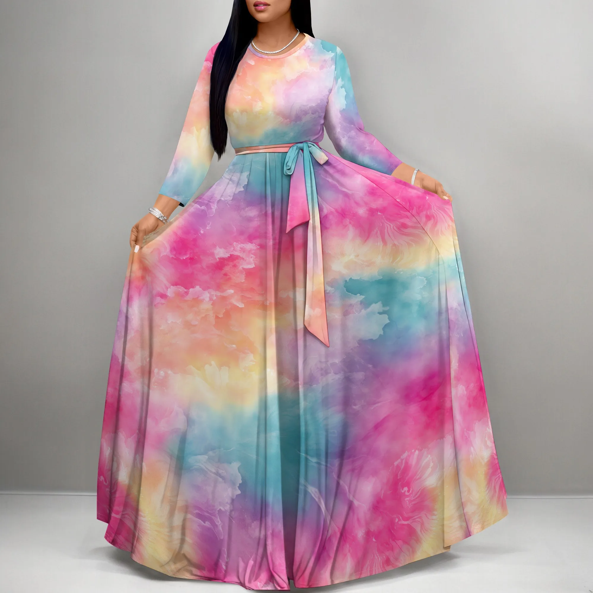 

Nupusa Pink Blue Tie Dye Print Dress for Women Regular Size Casual Round Neck 3/4 Sleeve Belted Maxi Dress