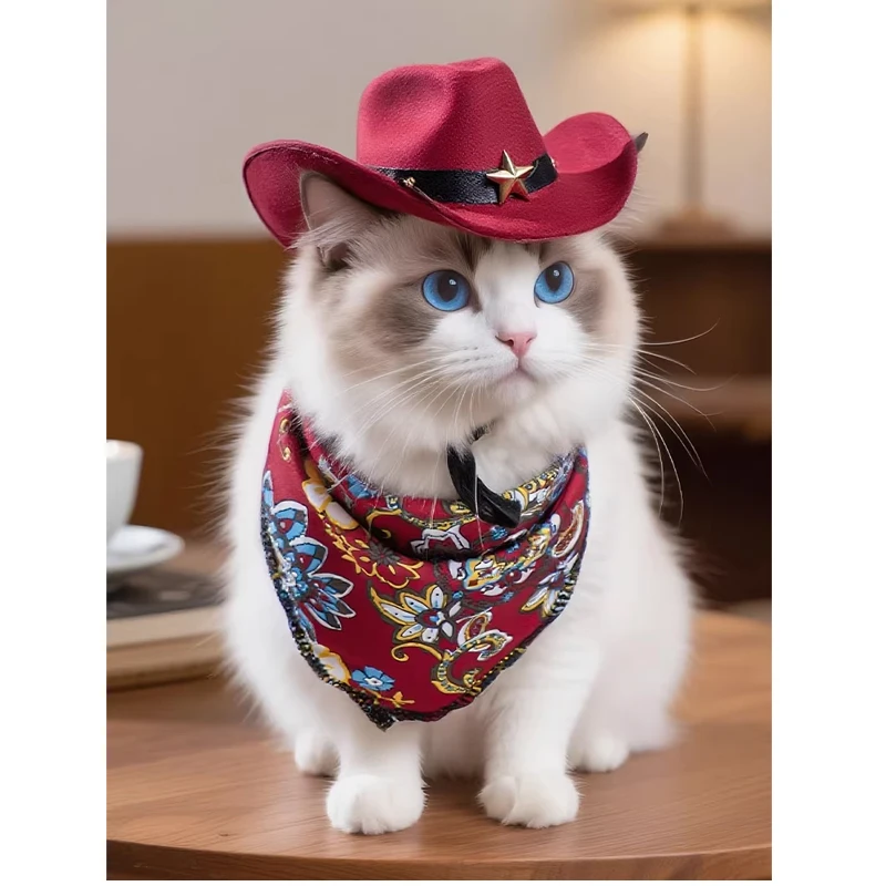 

Blue Cat Cowboy Hat Set Retro Triangular Cloth Puppet British Style Kitten Photo Accessories Small Animal Themed Party Supplies
