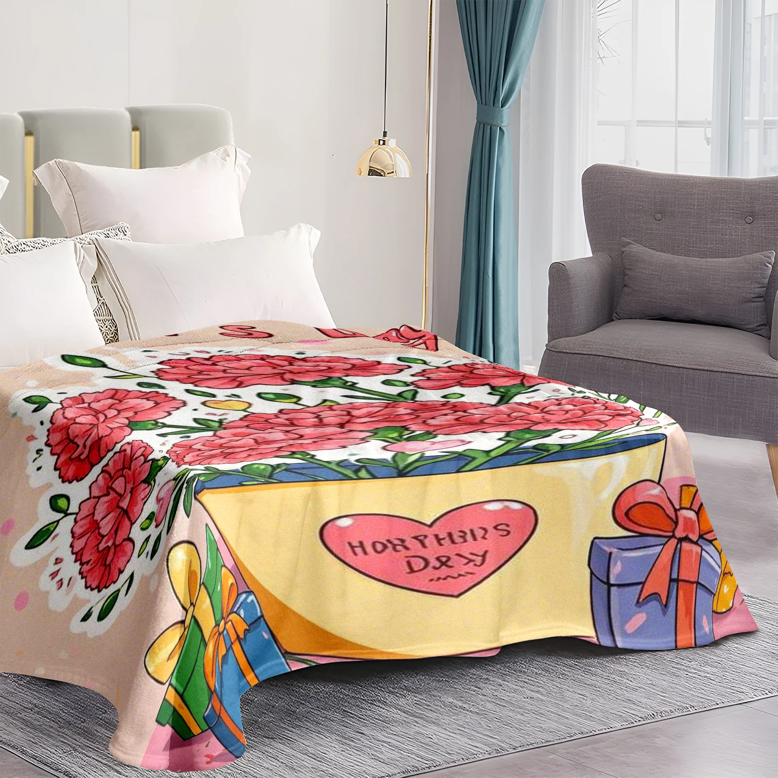 Unique Mothers Day Present Soft Flannel Blanket Combining Charming Cartoon Flowers And Warm Wishes