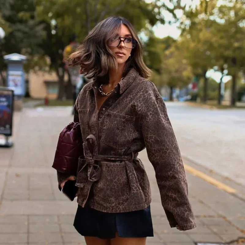 여성을위한 빈티지 레오파드 인쇄 옷깃 짧은 자켓 패션 긴 소매 패킷 코트 탑 가을 레이디 느슨한 레이스 업 겉옷