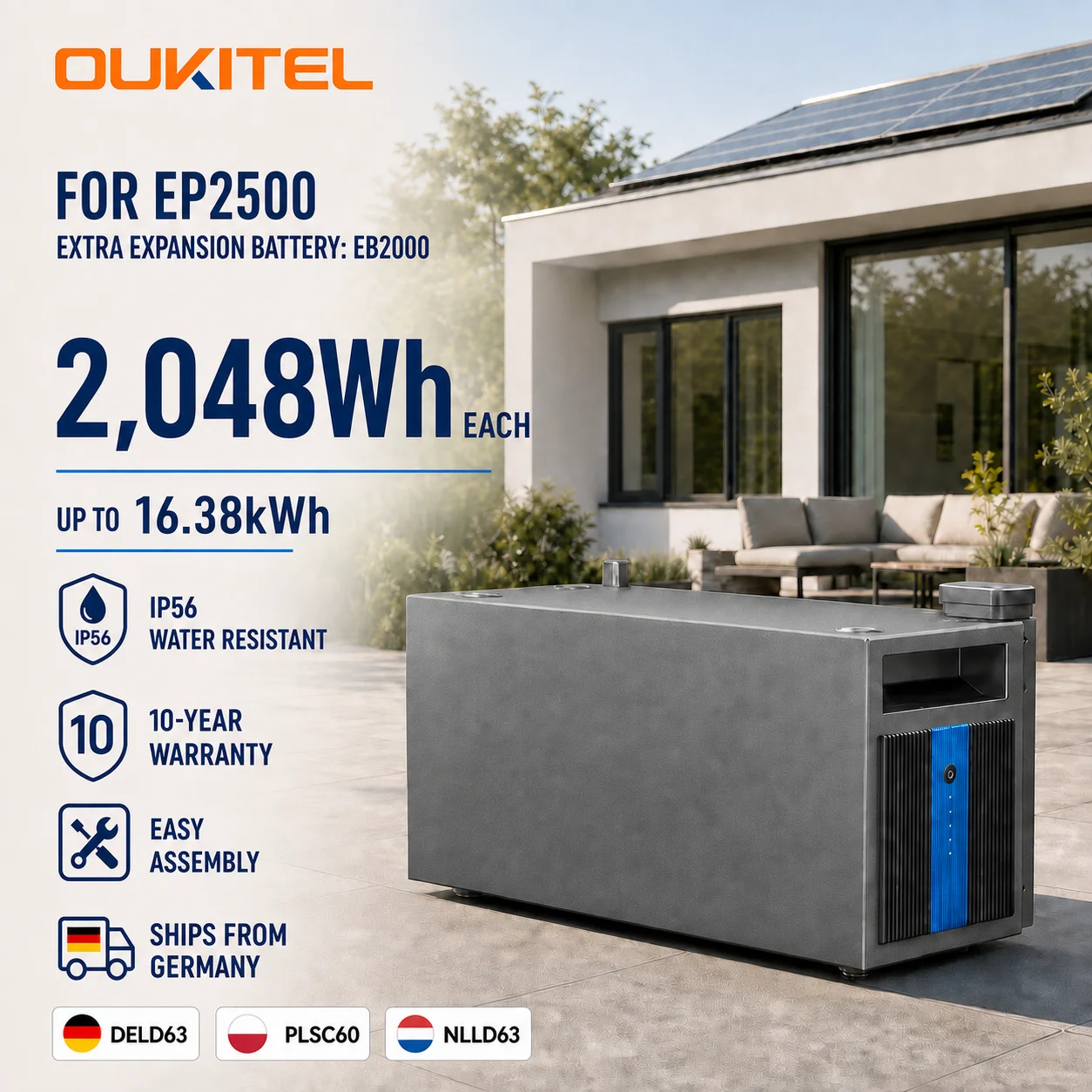 Batería OUKITEL EB2000 de 2048Wh LiFePO4, Batería Adicional para el Sistema de Almacenamiento Solar EP2500E, Apilable, Extensión de Estación de Energía de hasta 16.38kWh