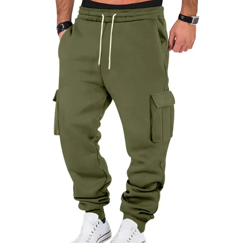 Men's Fall/Winter One-Piece Work Jogger Pants with Drawstring Elastic Waist and Multiple Pockets, Casual Loose Fit Long Pants