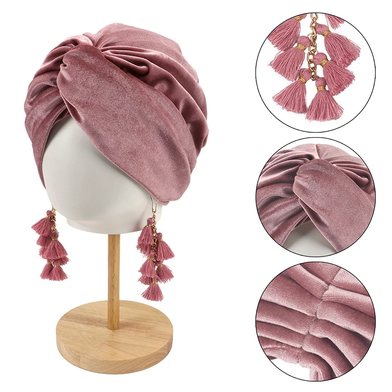 Vintage Turban Tassel Pendant Hat for Women Head Wrap Bohemian Headscarf Hats Stylish Solid Color Cross Beanies