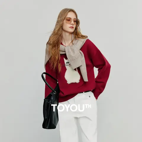 TOYOUTH Frauen Gestrickte Pullover 2025, Herbst Neue Katze Jacquard Rundhals Pullover Woolen Tops