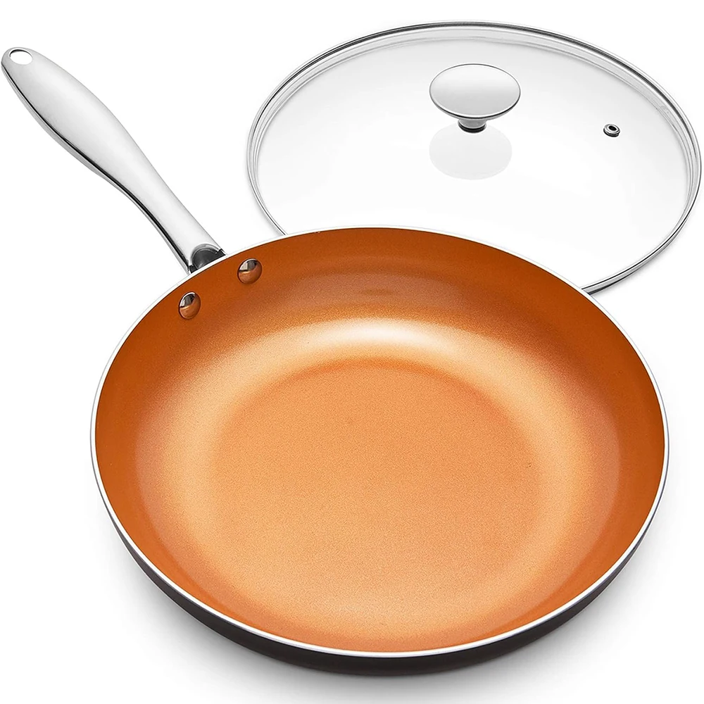 LMETJMA 8 10 12inch Copper Non Stick Frying Pan With Lid Scratch Resistant Ceramic Coating Skillet Egg Pan Cooking Omelet Pan