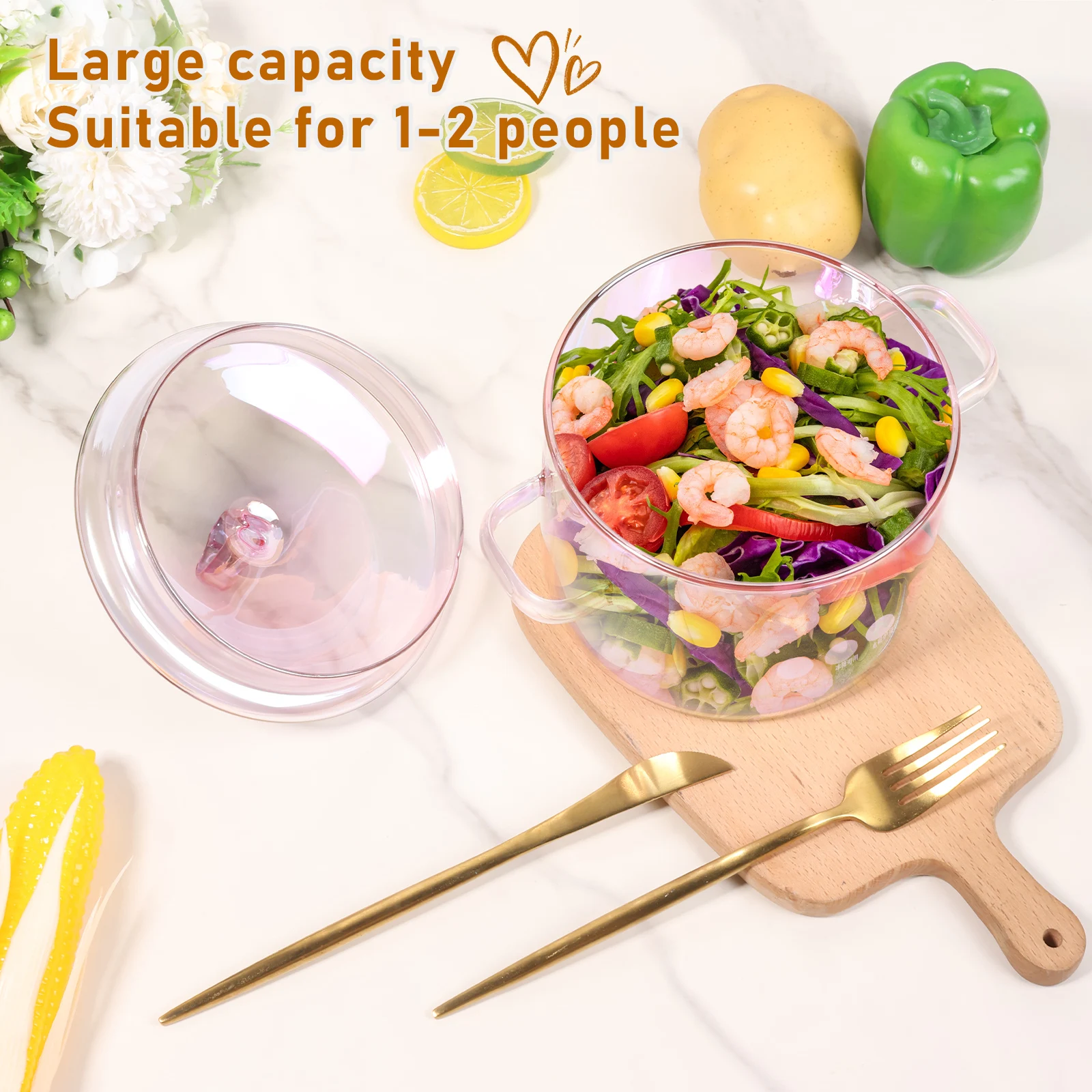 Glass Cooking Pot with Lid and Handle 1.5L Pink Transparent Thickened Simmer Pot Heat Resistant Heart Shape Lid for Pasta Soup