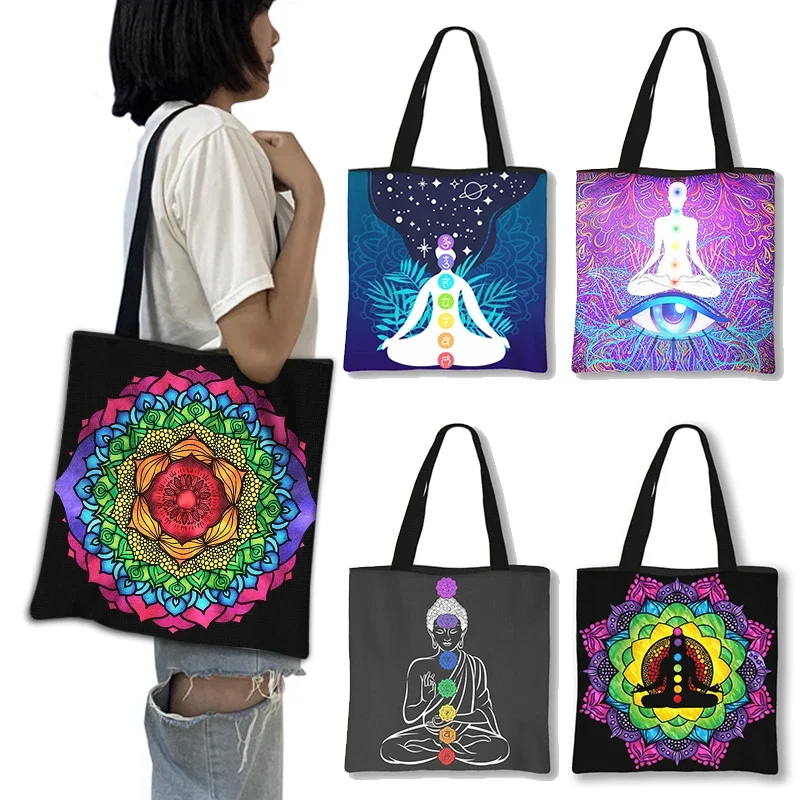 Seven Chakras Meditating Buddha Print Totes Bag Women Handbags Ladies Reusable Shopping Bag Large Capacity Shoulder Bags Gift