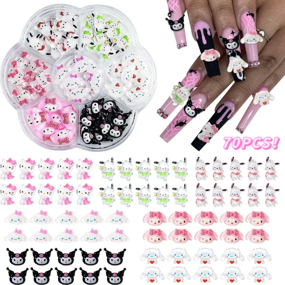 70Pcs/Box MINISO Series Kawaii Nail Art Charms Y2K Cute Black/White/Pink Cartoon Bow Cat/Rabbit Resin Manicure DIY Crafts Jewelr