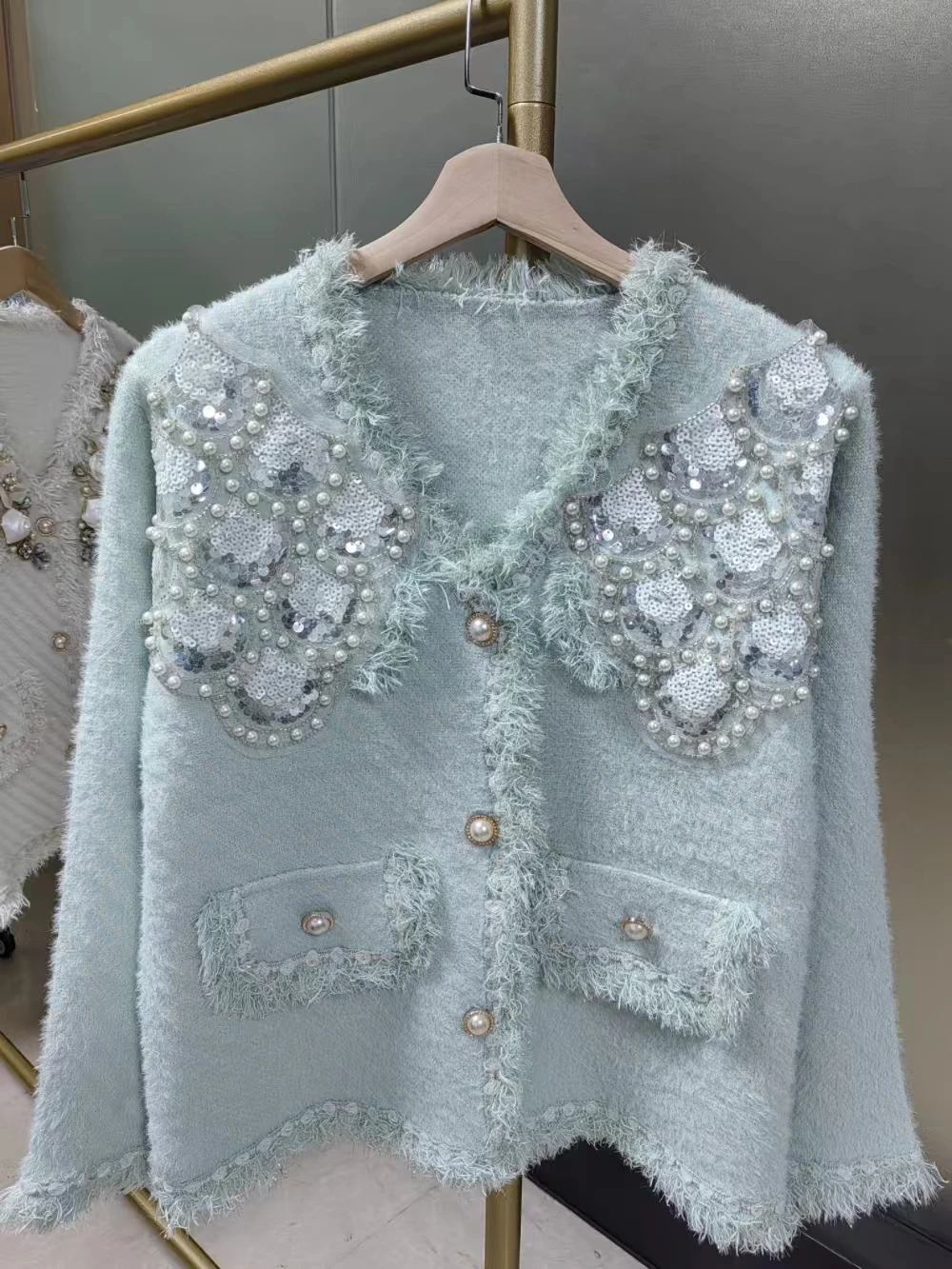 Real Photo Luxury Pearls Beaded Sequined Stitch Knitwear Cardigan Coat For Women 2024 Autumn Winter Sweater Outwear Jackets