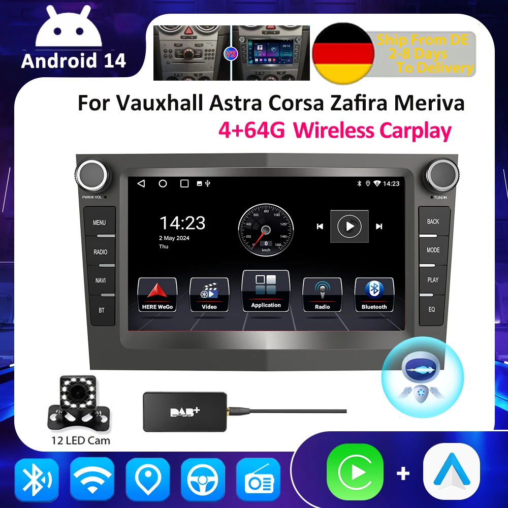 ESSGOO Android 14 4+64G Wireless CarPlay Auto Autoradio ﻿ Per Opel Astra Vectra Vauxhall Antara Zafira Corsa CD Vivaro Meriva