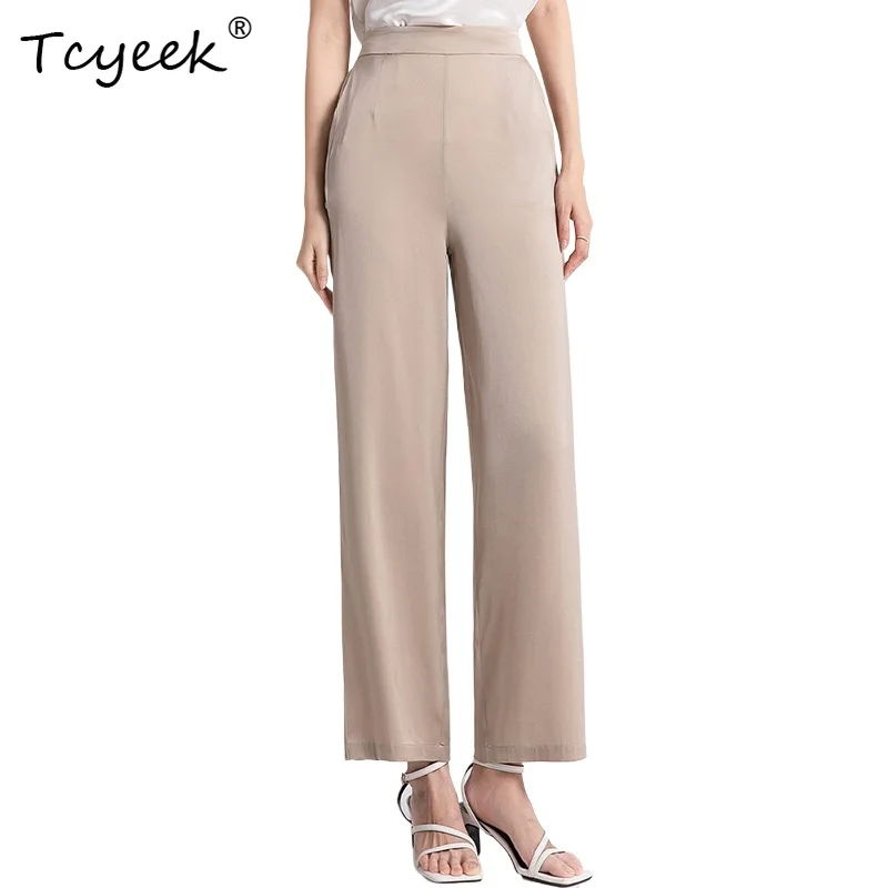 

Tcyeek 95% Mulberry Silk 5% Spandex Summer Women's Pants High End High Waist Straight Tube Slimming Long Wide Pants 여름바지 여성