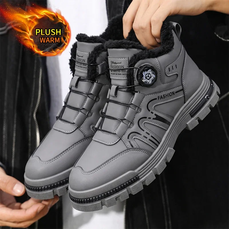 Men Snow Boots, Rotary Buckle High-Top Boots, Plush Fleece Lined Warm Boots, Thick Anti-Slip Sole Outdoor Casual Winter Shoes